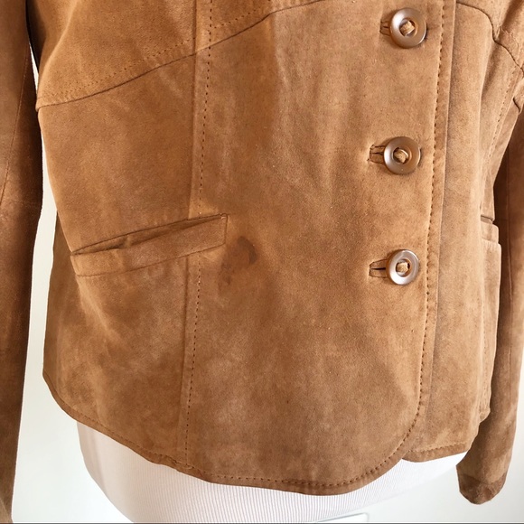i.e. Women’s Genuine Leather Suede Tan Camel Blazer, size Large Button Front - Picture 5 of 16